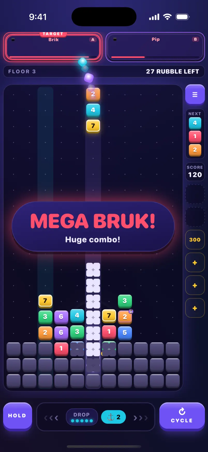 A Bruk Run floor: a Mega Bruk combo with the rival teams in the header and rubble to dig out.